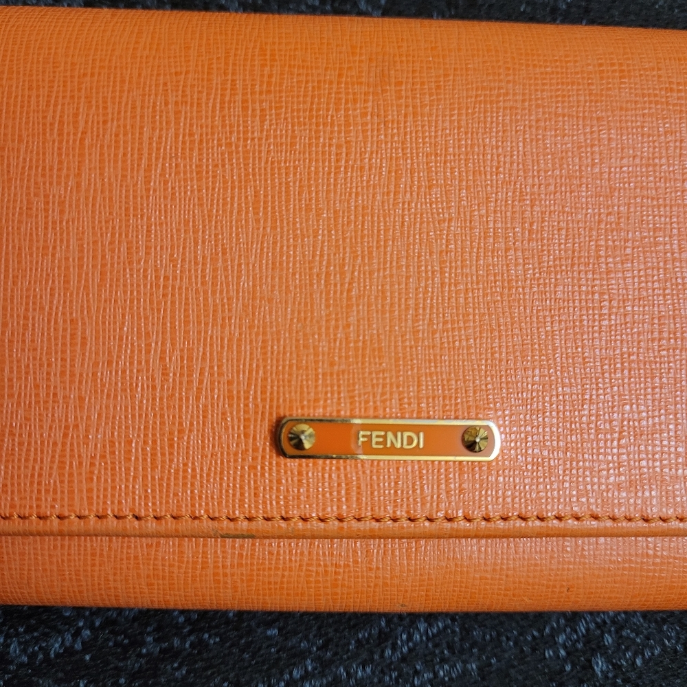 Authentic FENDI Logo Plate Leather Long Wallet Orange Italy